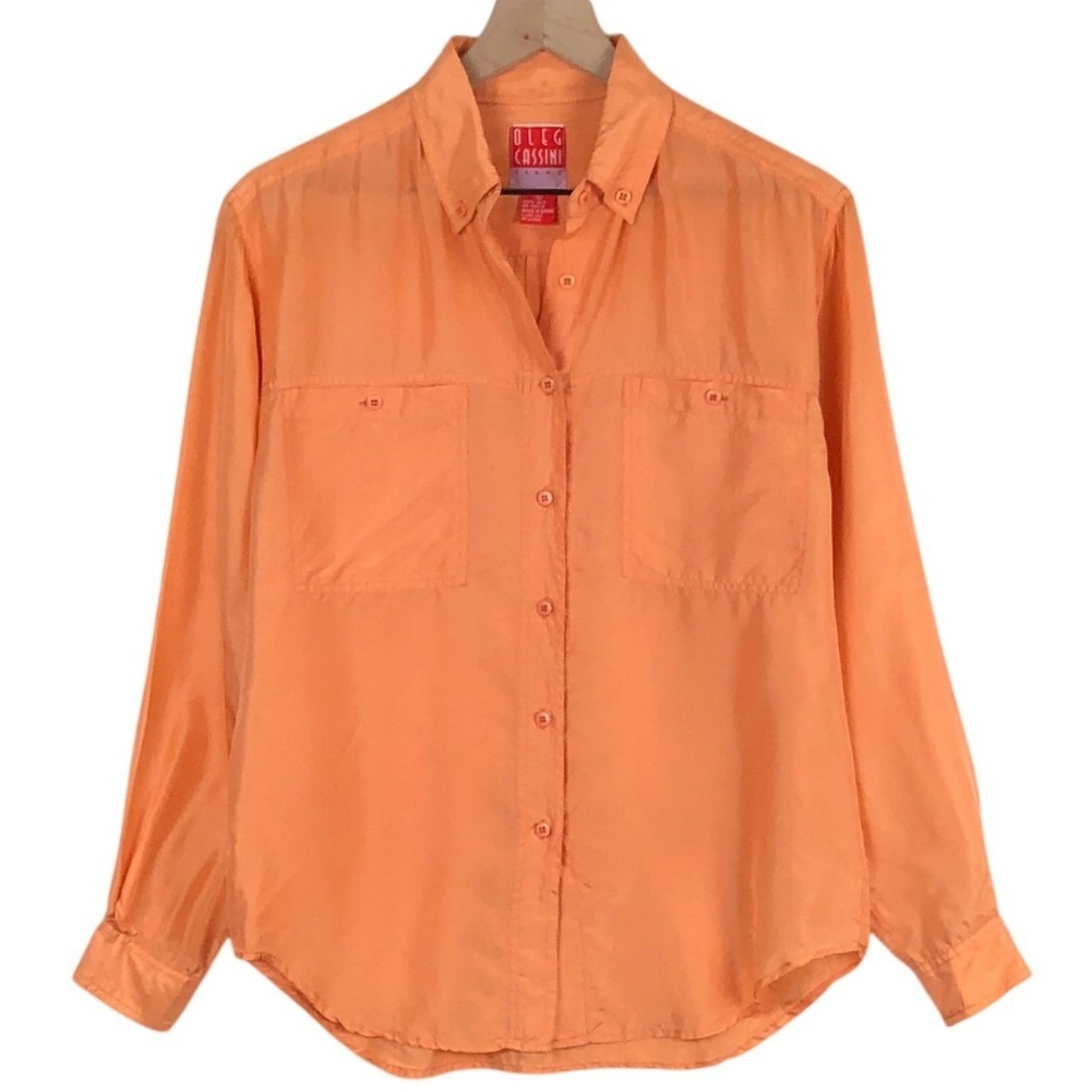 VTG Oleg Cassini 100% Silk Button Down Shirt Women's S Orange Long Sleeve 90s
